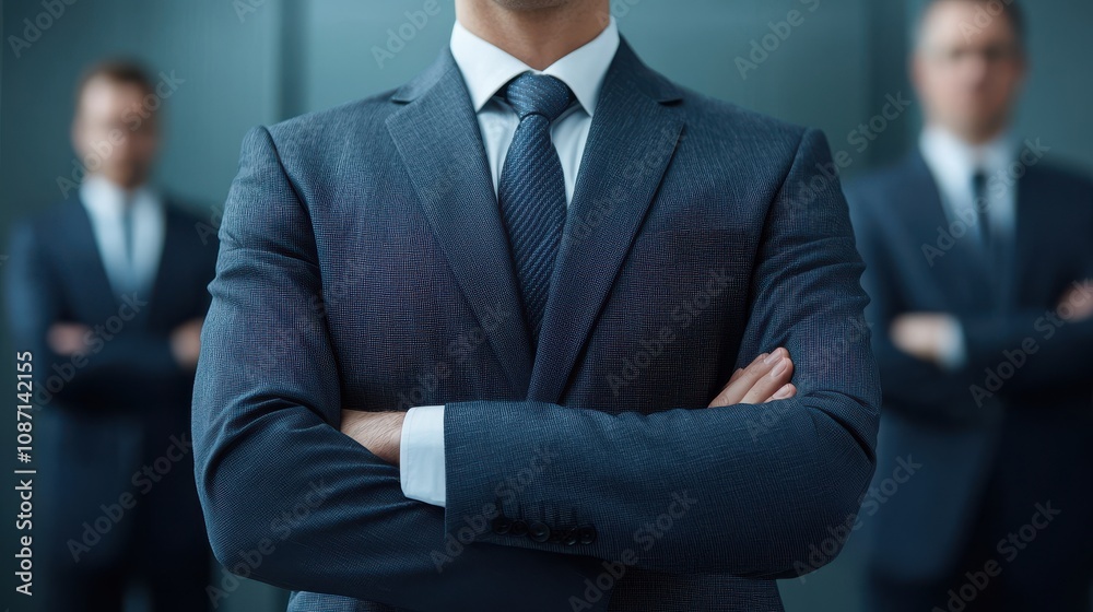 A confident businessman stands with arms crossed, dressed in a tailored suit, flanked by two colleagues in a corporate setting. A confident businessman stands with arms crossed, dressed in a tailored suit, flanked by two colleagues in a corporate setting.