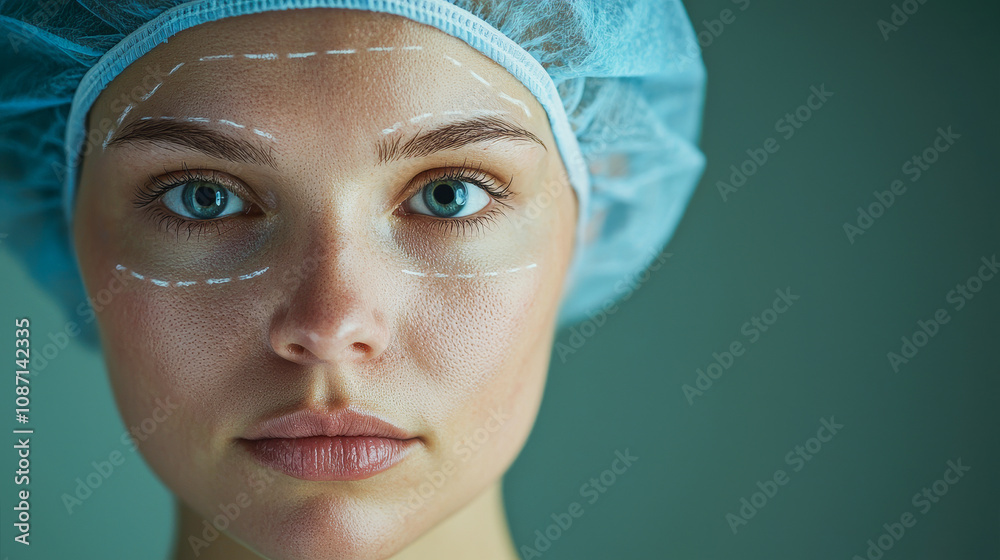 Woman with lines on her face ready for aesthetic surgery operation - Health care and medical beauty trend concept - Model by AI generative Woman with lines on her face ready for aesthetic surgery operation - Health care and medical beauty trend concept - Model by AI generative
