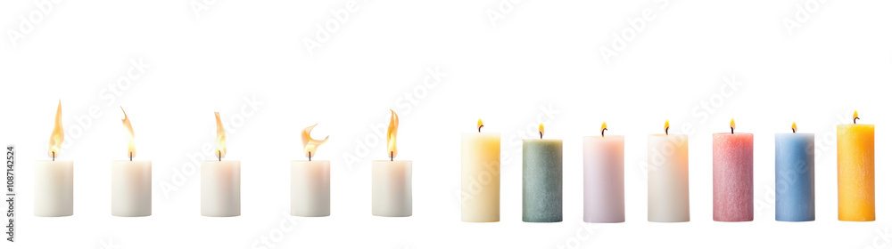 Set of colorful candles lit softly on a white surface, creating a serene atmosphere suitable for relaxation or meditation Set of colorful candles lit softly on a white surface, creating a serene atmosphere suitable for relaxation or meditation