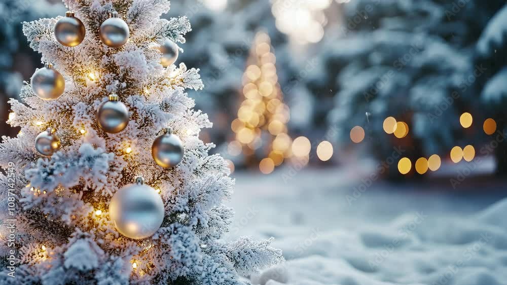 Snow-covered Christmas tree with geometric patterns created by the arrangement of lights and ornaments. 4K Video