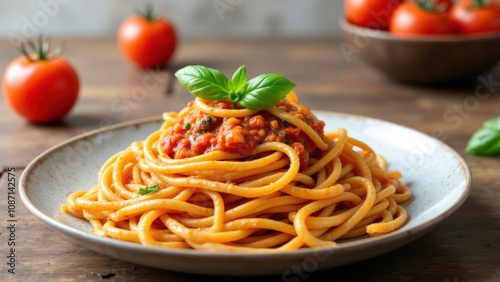 A plate full of cooked Mafaldine pasta with a sauce on top, surrounded by tomatoes.