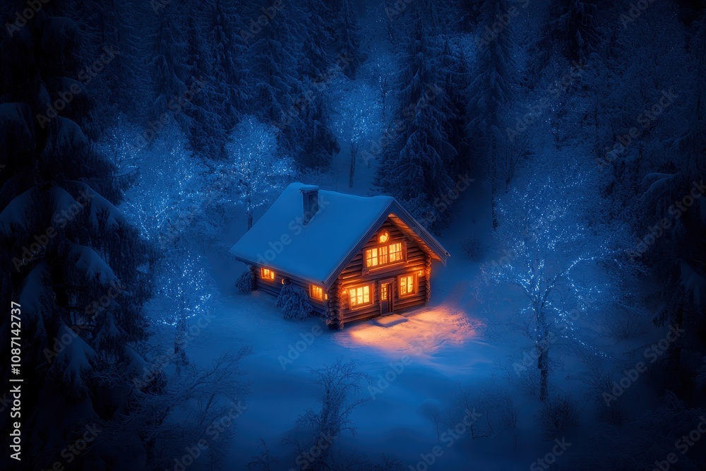 Enchanting winter wonderland: a romantic, illuminated cabin nestled in a snowy landscape.