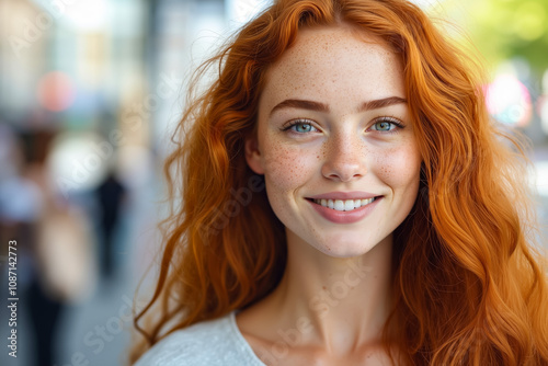 A woman with long red hair and freckles smiles at the camera