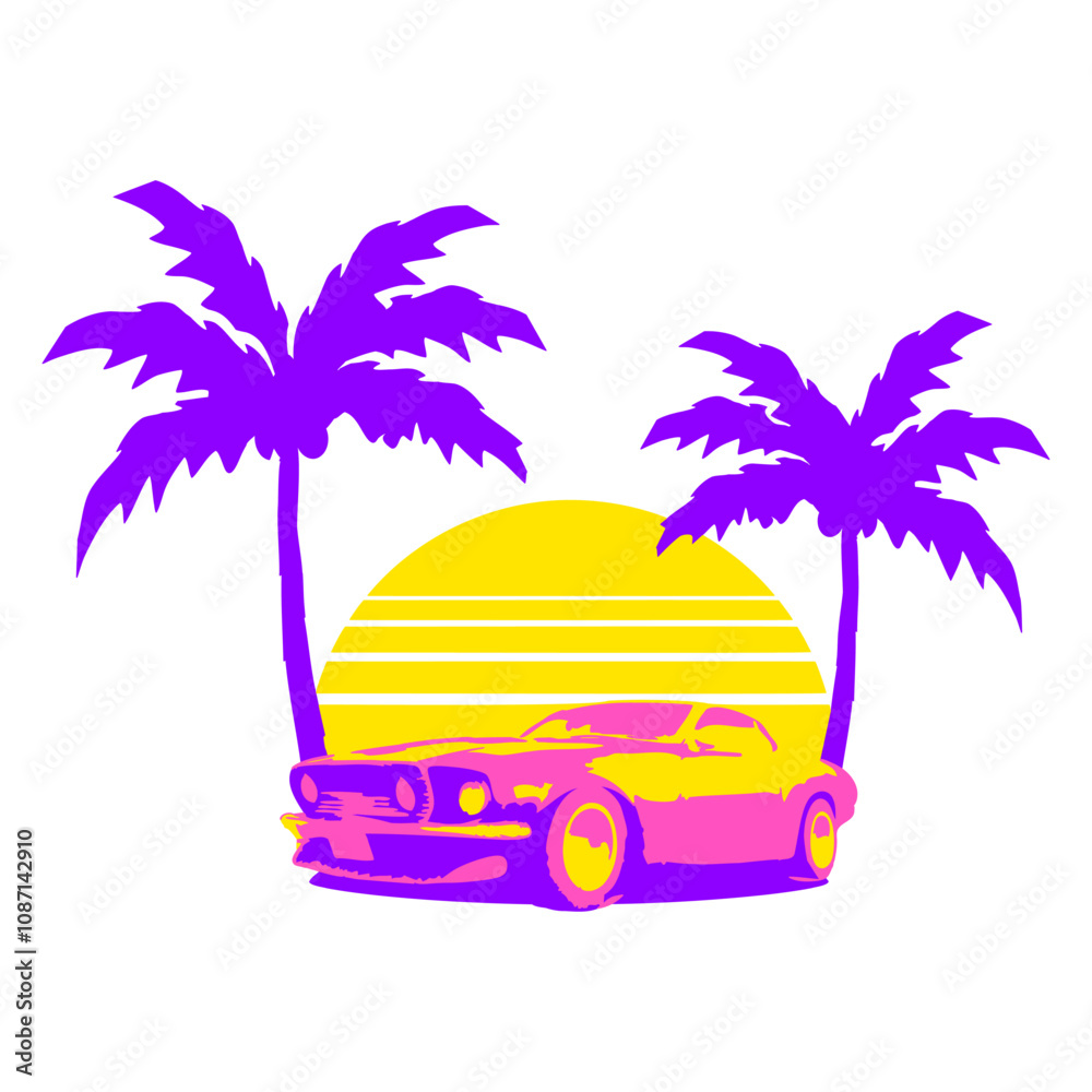 Obraz premium Miami Usa Cool Classic Car Sun America Florida Fun Design Lover Art Vector Illustration Card T-Shirt Poster Sticker Graphic Print Decorative Drawing Isolated Logo Decoration Symbol Creative Cool Style