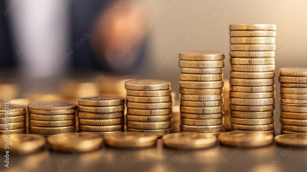 Stacks of shiny gold coins arranged in increasing height, symbolizing wealth, savings, and financial growth. Stacks of shiny gold coins arranged in increasing height, symbolizing wealth, savings, and financial growth.