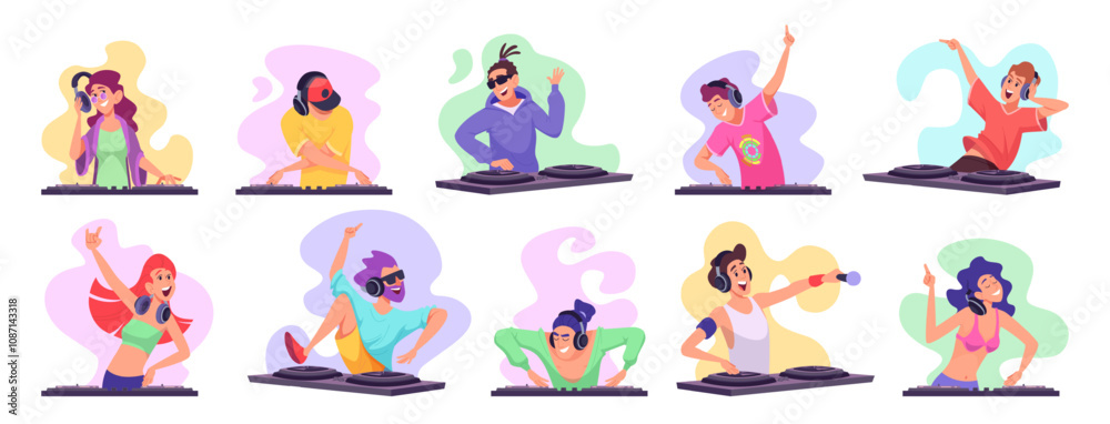 Fototapeta premium Dj characters. Active musicians in night club party mixing music on stage exact vector illustrations set