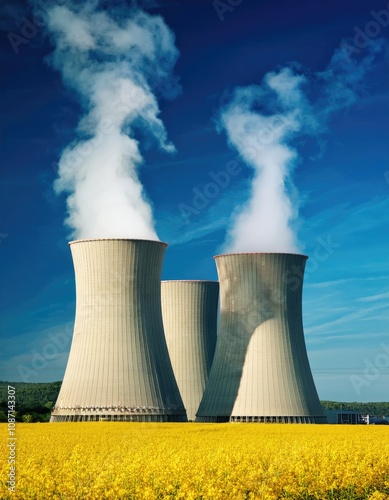 Nuclear power plant cooling towers emitting steam under blue sky photo