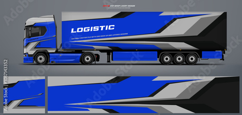 Vector truck trailer livery design template. Truck Cargo delivering vehicle paintjob. Mock up and design on separate layers vector files.
