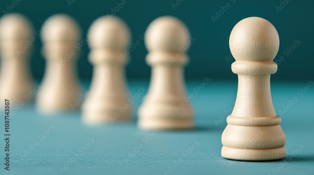 A close-up of wooden chess pawns arranged in a line on a teal background, emphasizing their simple design and smooth texture. A close-up of wooden chess pawns arranged in a line on a teal background, emphasizing their simple design and smooth texture.