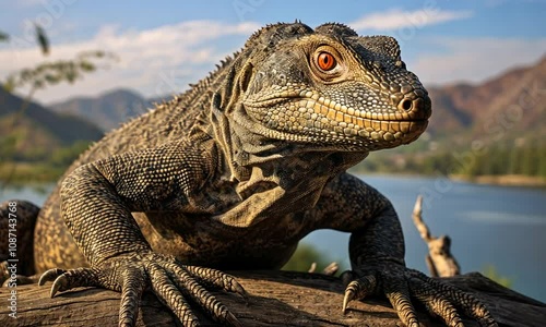 Exploring the lush landscapes of a riverside habitat with a majestic monitor lizard basking in the warm sunlight photo
