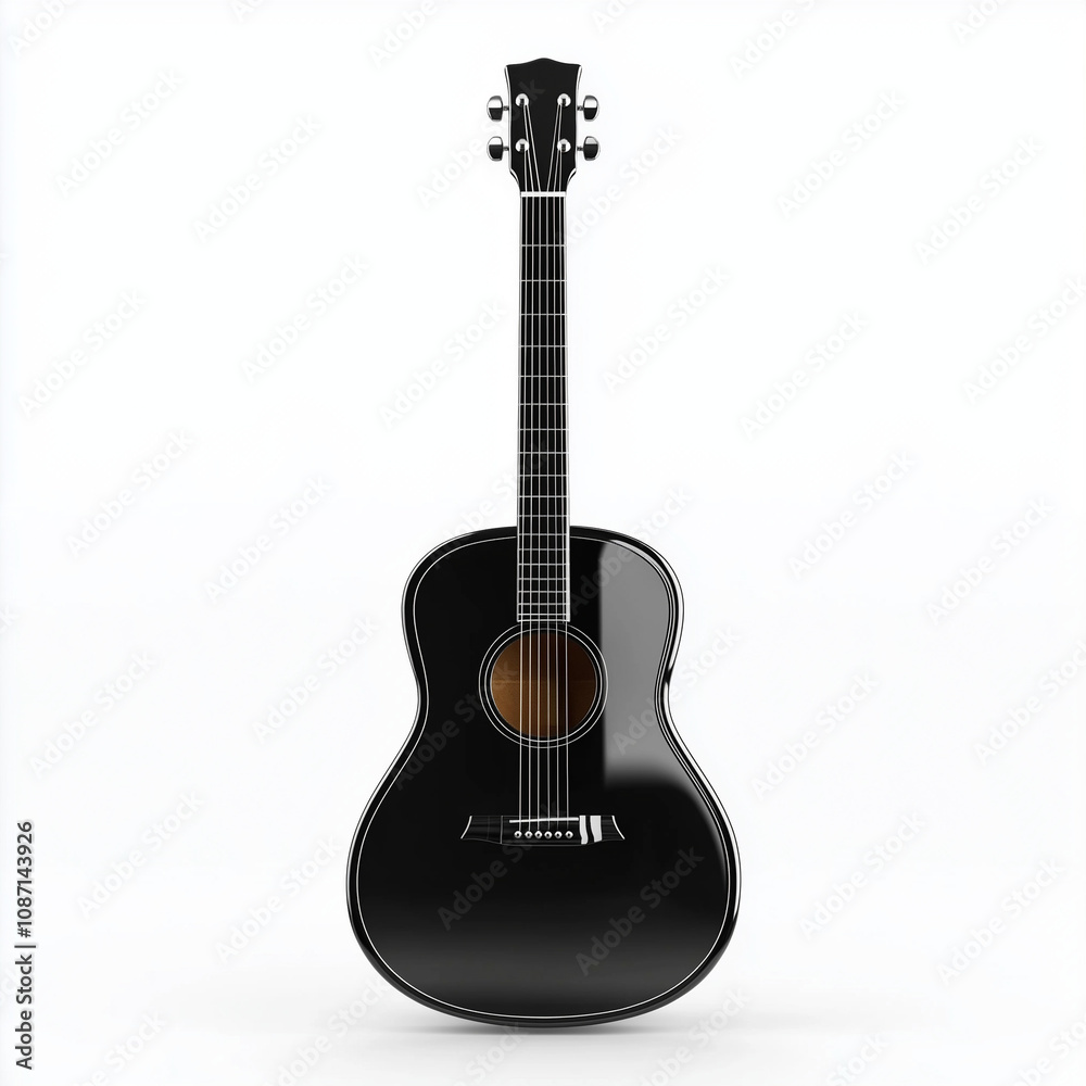 Obraz premium Front view of a black acoustic guitar, isolated on white background