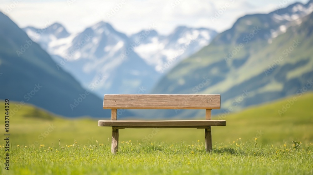 A wooden bench stands in a lush green valley surrounded by majestic mountains during a clear daytime A wooden bench stands in a lush green valley surrounded by majestic mountains during a clear daytime