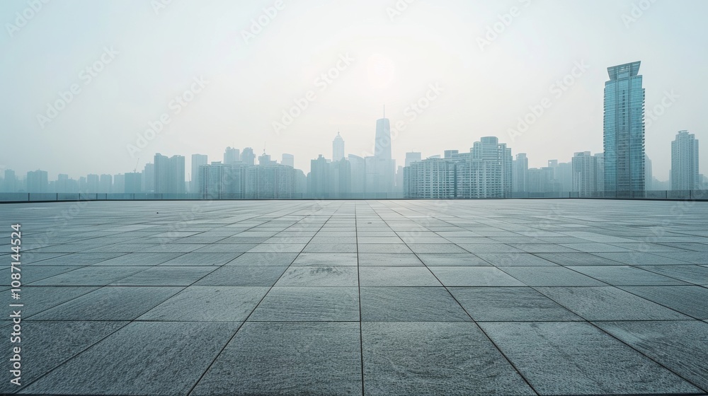 Empty square floor with city skyline background, Cityscape tranquility, serene cityscape vista Empty square floor with city skyline background, Cityscape tranquility, serene cityscape vista