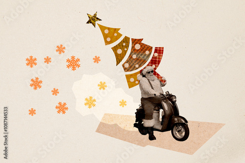 Poster banner greeting card collage of santa claus character drive fast deliver courier christmas fir tree photo