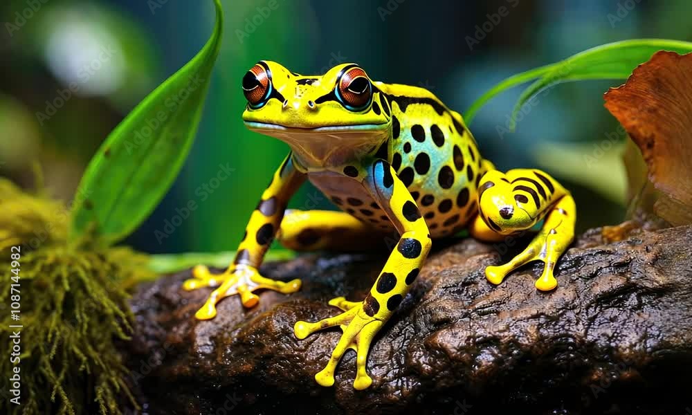 Explore the vibrant world of a yellow and black spotted frog in a lush green rainforest habitat Explore the vibrant world of a yellow and black spotted frog in a lush green rainforest habitat