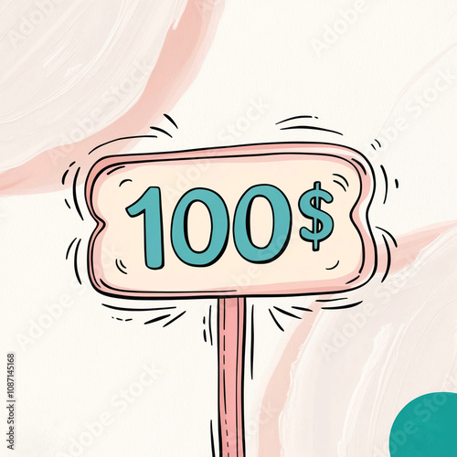 A whimsical hand-drawn clip artwork of a one hundred dollars logo banner on a crisp white background, created in a vector style with bold lines, soft curves, and delicate textures. Pastel creamy card.