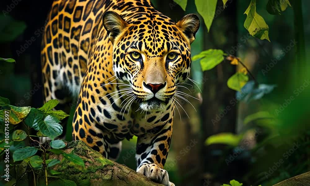 Majestic jaguar prowls through lush rainforest during twilight, showcasing its beauty and grace in a serene natural habitat