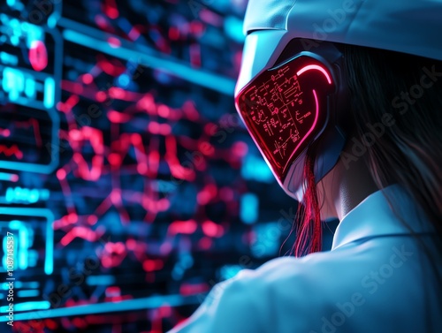 Futuristic scientist in neon-lit lab.