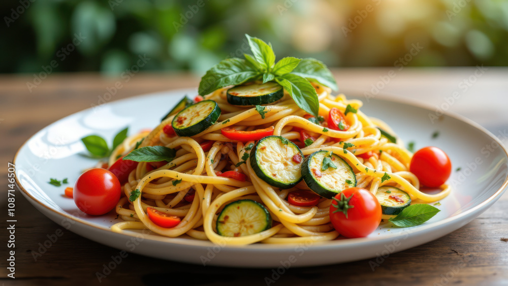 Mafaldine pasta with fresh vegetables.