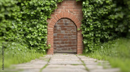 A serene garden pathway leading through an ivy-covered archway into a brick wall, showcasing nature's beauty at midday