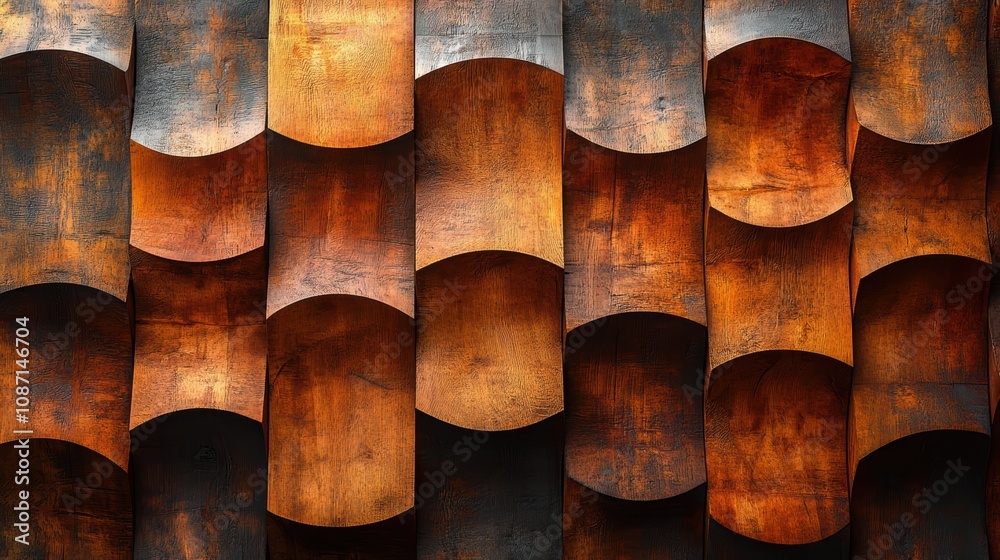 Abstract geometric texture pattern with curved and warm-toned wooden panels in a seamlessly interlocking design conveying depth and dimension Abstract geometric texture pattern with curved and warm-toned wooden panels in a seamlessly interlocking design conveying depth and dimension