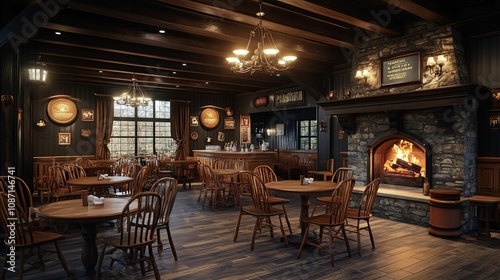 A Cozy Pub Interior with a Stone Fireplace and Wooden Tables
