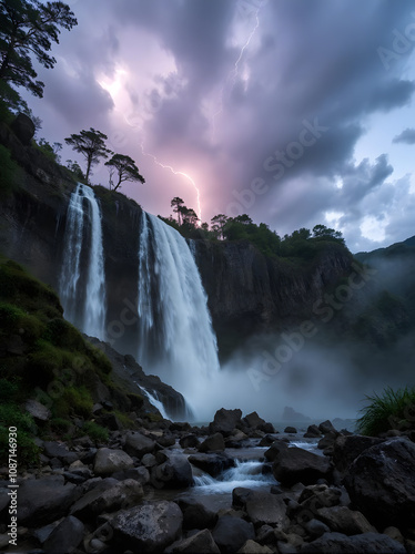 view of a misty waterfall accompanied by lightning in the afternoon