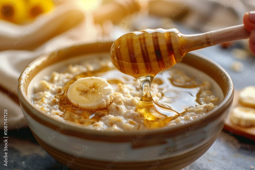 A Delicious Spoonful of Honey Drizzled Over a Bowl of Oatmeal with Banana Slices, Capturing the Warmth and Comfort of a Healthy Breakfast A Delicious Spoonful of Honey Drizzled Over a Bowl of Oatmeal with Banana Slices, Capturing the Warmth and Comfort of a Healthy Breakfast