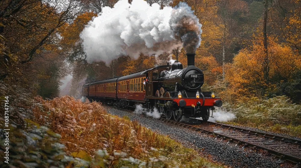 A steam train travels through a picturesque autumn forest, with vibrant fall foliage, creating a nostalgic and enchanting scene in nature A steam train travels through a picturesque autumn forest, with vibrant fall foliage, creating a nostalgic and enchanting scene in nature