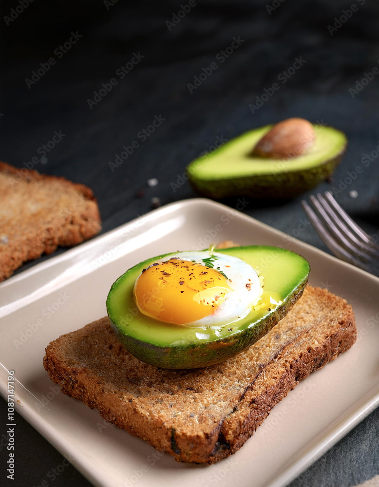 Half avocado with a baked egg in the middle, placed on whole wheat bread Half avocado with a baked egg in the middle, placed on whole wheat bread