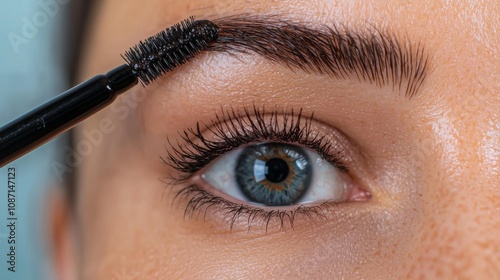 Close-up of a woman applying eyebrow gel with a brush.