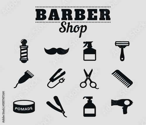 Set of black silhouettes of barber tools with barbershop logo. Vector on a gray background