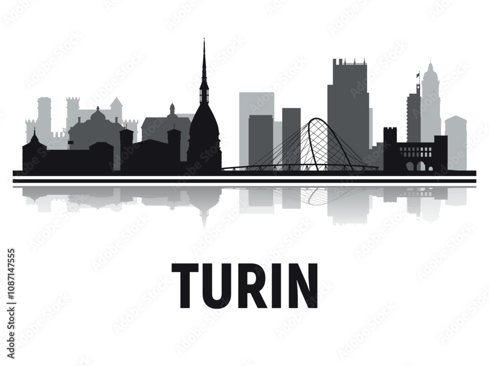 Naklejka premium Black and white silhouettes of the towers of the city Turin with the reflection in the water. Vector on gray background