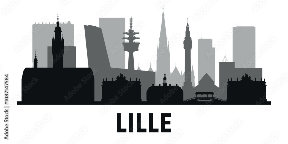 Fototapeta premium Black and white silhouettes of the towers of the city Lille. Vector on gray background