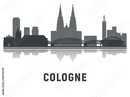 Black and white silhouettes of the towers of the city Cologne with the reflection in the water. Vector on gray background