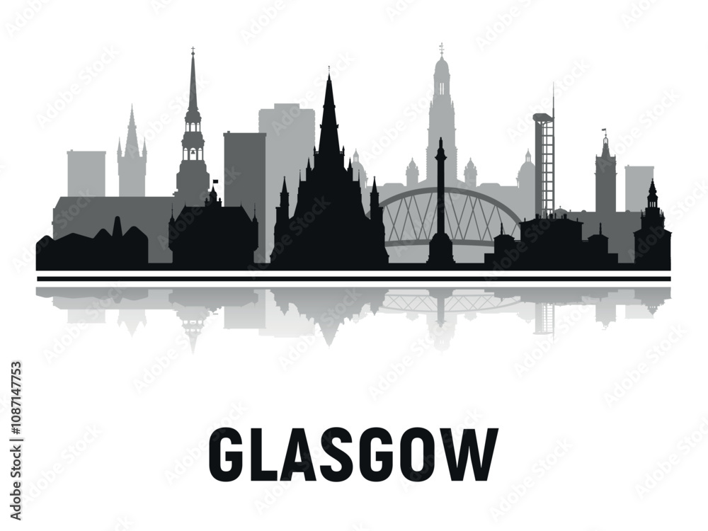 Fototapeta premium Black and white silhouettes of the towers of the city skyline in Glasgow with reflection in the water. Vector on gray background