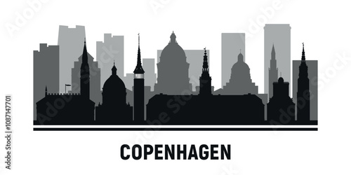 Black and white silhouettes of Copenhagen city skyline. Vector on gray background