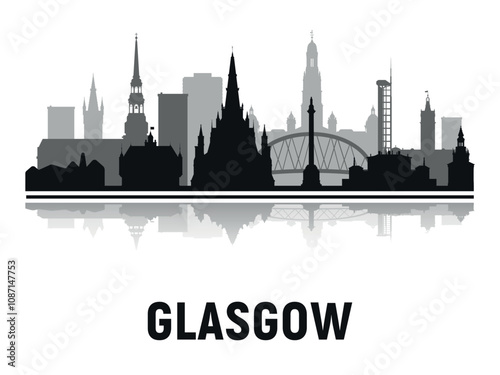 Black and white silhouettes of the towers of the city skyline in Glasgow with reflection in the water. Vector on gray background