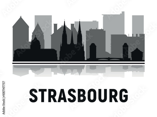 Black and white silhouettes of the Strasbourg skyline. Vector on a gray background