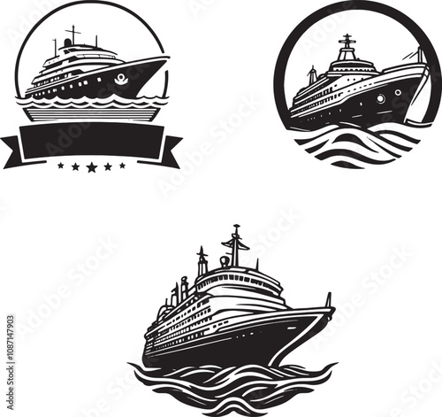 Set of cruise ship logo black and white