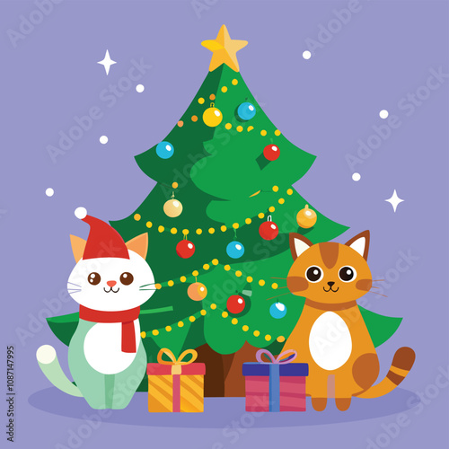 Two festive cats wearing holiday accessories, sitting near a decorated Christmas tree with ornaments, lights, and colorful gifts.
