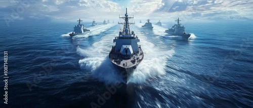 Aerial view of multiple naval ships . a bird's-eye military ship.	
