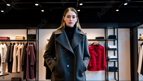 Female overcoat in modern clothing store photo