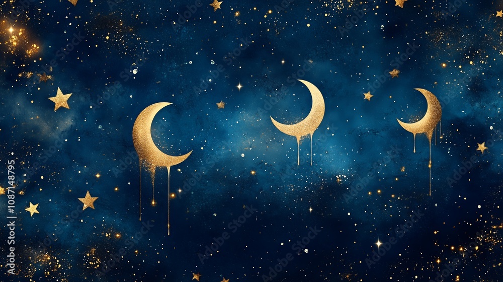 Naklejka premium A painting of three crescent moons and stars in the night sky. The stars are scattered throughout the painting, with some closer to the foreground and others further away