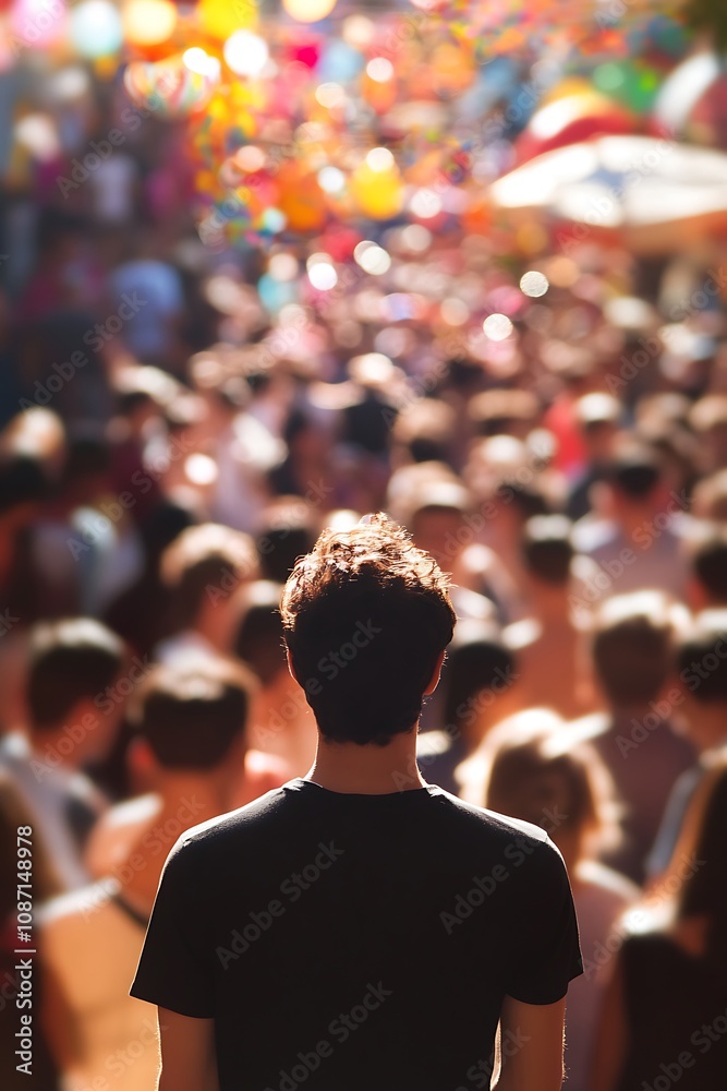 A lone person observes a large colorful crowd A lone person observes a large colorful crowd