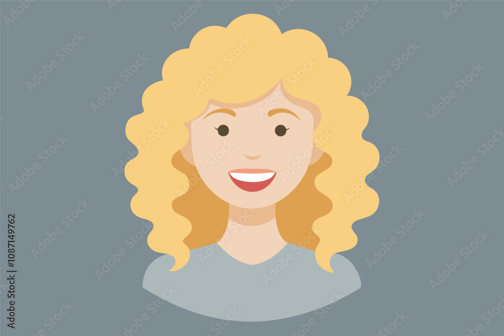 Vector image of a smiling blonde woman with curly hair, dark brown eyes, and a grey shirt. Detailed facial features and vibrant hair/lips stand out against a gradient grey background. Vector image of a smiling blonde woman with curly hair, dark brown eyes, and a grey shirt. Detailed facial features and vibrant hair/lips stand out against a gradient grey background.
