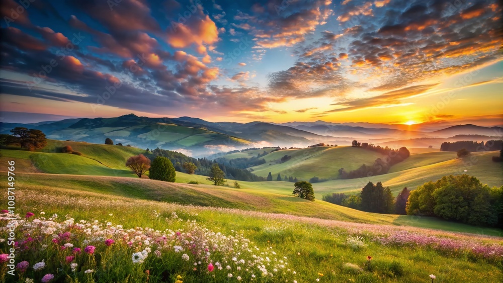 Fototapeta premium Serene Landscape Photography Evoking the Comfort of Sleep: Tranquil Mountains, Soft Clouds, and Gentle Meadows at Dawn