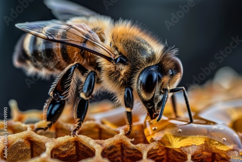Wallpaper Mural Close-up of a honeybee on honeycomb, showcasing intricate details of the insect and its environment with golden honey droplets in focus, highlighting nature's beauty. Torontodigital.ca