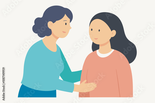 Illustration of two serious women in blue and orange tops standing close in solidarity, showing a connection with serious expressions.