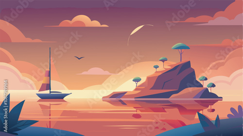 A serene beach scene with a sailboat on calm waters, surrounded by a sunset sky of gold, purple, and pink. Reflective sea adds to the tranquil ambiance, making a dreamy, idyllic setting.